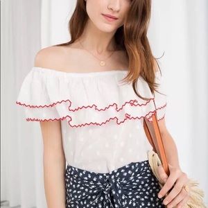 Off-Shoulder White Ruffle Top with Red Trim